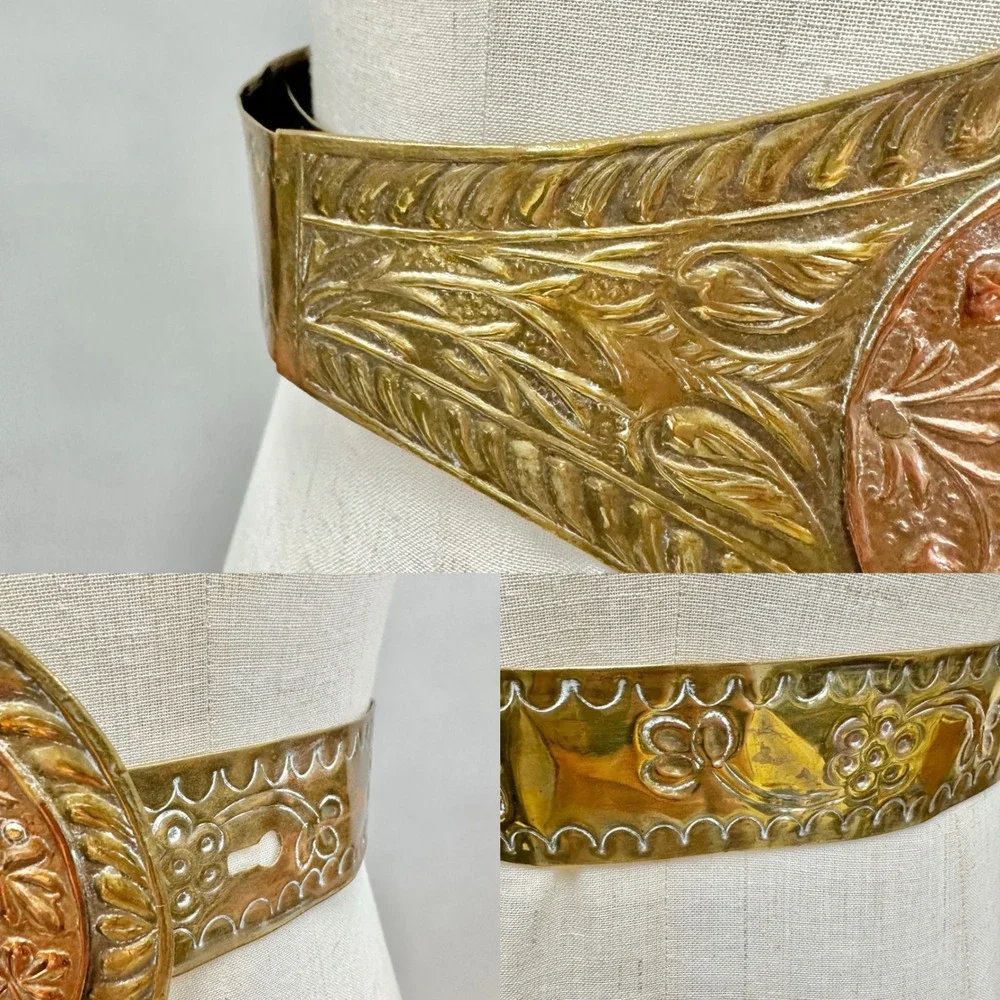 Vintage Brass & Copper Etched Metal Belt  Red Cabochon Centerpiece Made in India